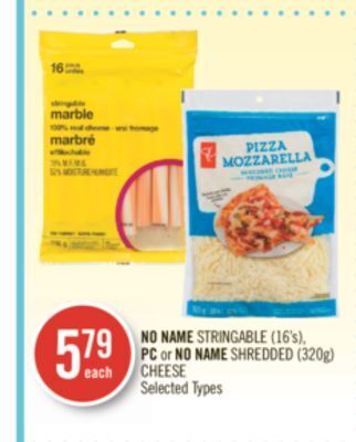 Shoppers Drug Mart No name stringable (16's), pc or no name shredded (320g) cheese offer