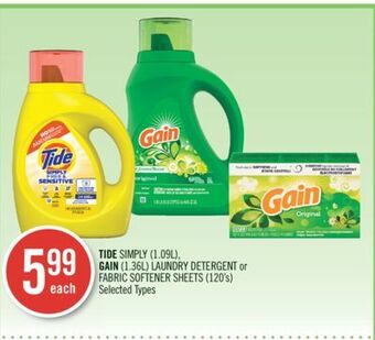 Shoppers Drug Mart Tide simply (1.09l). gain (1.36l) laundry detergent or fabric softener sheets (120's) offer