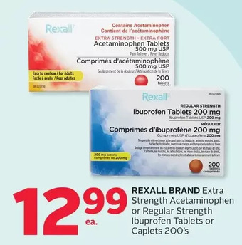 Rexall Rexall brand extra strength acetaminophen or regular strength ibuprofen tablets or caplets offer
