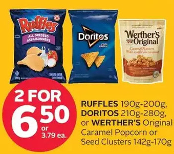 Rexall Ruffles, doritos, or werther's original caramel popcorn or seed clusters offer