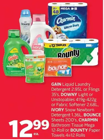 Rexall Gain liquid laundry detergent or flings, downy light or unstopables or fabric softener, ivory snow newborn detergent, bounce offer
