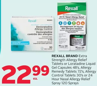 Rexall brand extra strength allergy relief tablets or loratadine liquid gel capsules, allergy remedy tablets, allergy control