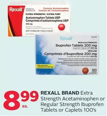 Rexall Rexall brand extra strength acetaminophen or regular strength ibuprofen tablets or caplets offer