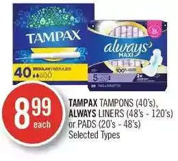 Shoppers Drug Mart Tampax tampons, always liners or pads offer