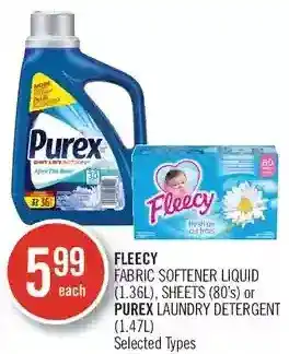 Shoppers Drug Mart Fleecy fabric softener liquid, sheets or purex laundry detergent offer