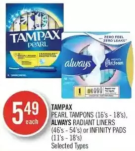 Shoppers Drug Mart Tampax pearl tampons, always radiant liners or infinity pads offer