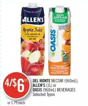 Shoppers Drug Mart Del monte nectar, allen's or oasis beverages offer