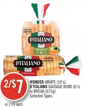 Shoppers Drug Mart Wonder wraps, d'italiano sausage buns or bread offer