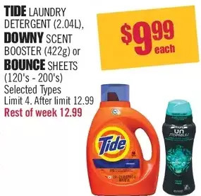 Shoppers Drug Mart Tide laundry detergent, downy scent booster or bounce sheets offer