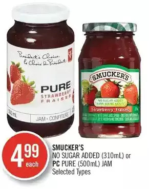 Shoppers Drug Mart Smucker's no sugar added or pc pure jam offer