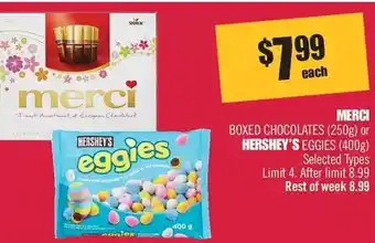 Shoppers Drug Mart Merci boxed chocolates or hershey's eggies offer