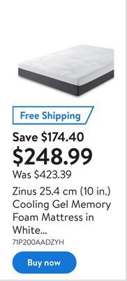 Walmart Zinus 25.4 cm (10 in.) cooling gel memory foam mattress in white fabric offer