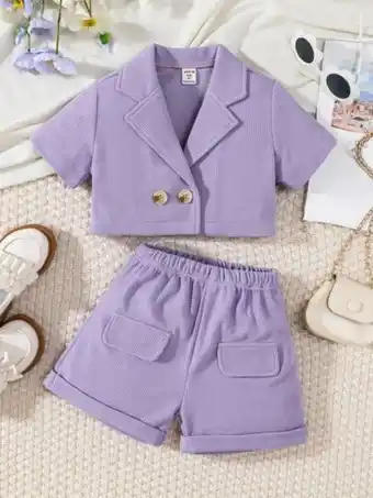 SheIn Toddler girls lapel neck double button tee & shorts offer