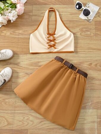 SheIn Girls contrast binding halter top & belted skirt offer