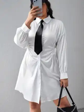 SheIn Shein ezwear plus drop shoulder ruched waist shirt dress with necktie offer