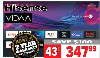 2001 Audio Video Hisense 43 4k ultra hd vidaa tv offer