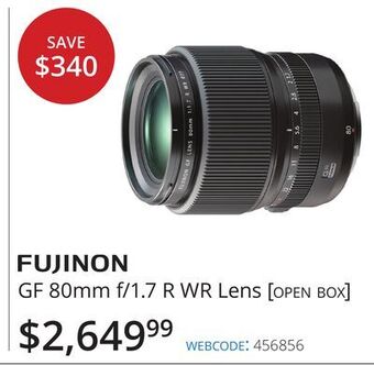 Vistek Fujinon gf 80mm f/1.7 r wr lens [open box] offer