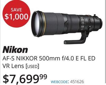 Vistek Nikon af-s nikkor 500mm f/4.0 e fl ed vr lens [used] offer