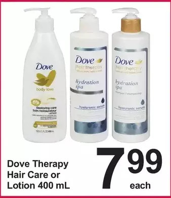 Pharmasave Dove therapy hair care or lotion offer