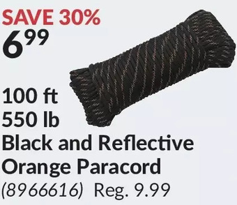 Princess Auto 100 ft 550 lb black and reflective orange paracord offer
