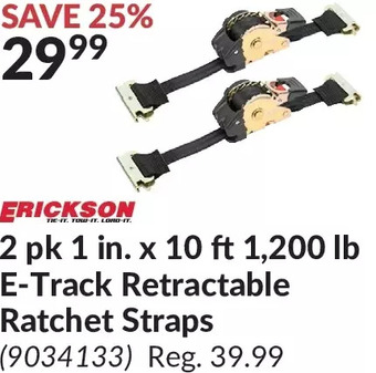 Princess Auto Erickson 2 pk 1 in. x 10 ft 1,200 lb e-track retractable ratchet straps offer