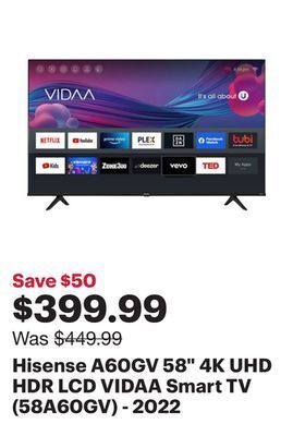 Best Buy Hisense a60gv 58 4k uhd hdr lcd vidaa smart tv (58a60gv) - 2022 offer
