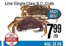 Nations Fresh Foods Live single claw b.c. crab offer
