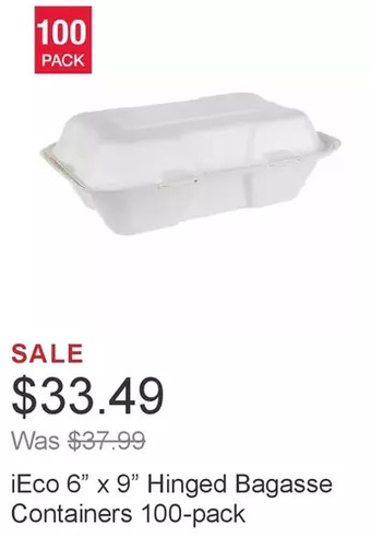 Costco Ieco 6” x 9” hinged bagasse containers 100-pack offer