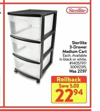 Walmart Sterilite 3-Drawer Medium Cart offer