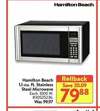 Walmart Hamilton Beach 1.1-cu. ft. Stainless Steel Microwave offer