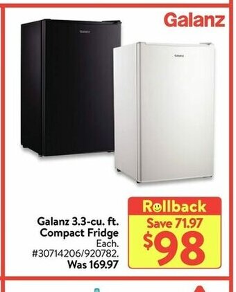 Walmart Galanz 3.3-cu. ft, Compact Fridge offer