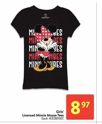 Walmart Girls' Licensed Minnie Mouse Tees offer