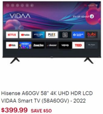 Best Buy Hisense A60GV 58" 4K UHD HDR LCD VIDAA Smart TV offer