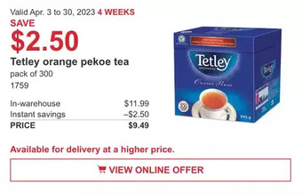 Costco Tetley orange pekoe tea offer