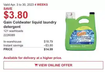 Costco Gain coldwater liquid laundry detergent offer