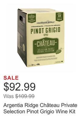 Costco Argentia ridge château private selection pinot grigio wine kit offer