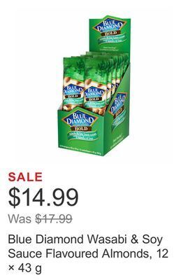 Costco Blue diamond wasabi & soy sauce flavoured almonds, 12 × 43 g offer
