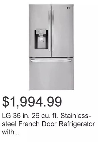 Costco Lg 36 in. 26 cu. ft. stainless-steel french door refrigerator with smudge-resistant finish offer