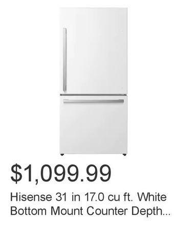Costco Hisense 31 in 17.0 cu ft. white bottom mount counter depth refrigerator with gallon door storage offer