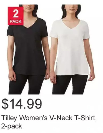 Costco Tilley women’s v-neck t-shirt, 2-pack offer