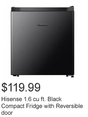 Costco Hisense 1.6 cu ft. black compact fridge with reversible door offer