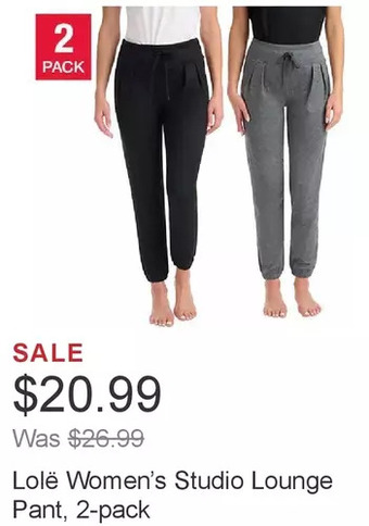Costco Lolë women’s studio lounge pant, 2-pack offer