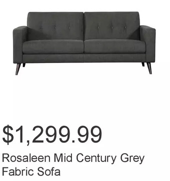 Costco Rosaleen mid century grey fabric sofa offer