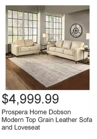 Costco Prospera home dobson modern top grain leather sofa and loveseat offer