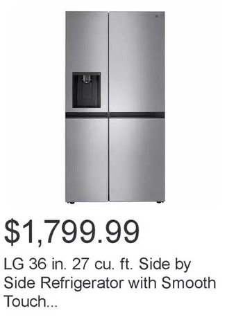 Costco Lg 36 in. 27 cu. ft. side by side refrigerator with smooth touch dispenser and door cooling+ offer