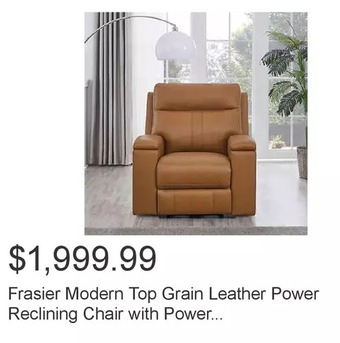 Costco Frasier modern top grain leather power reclining chair with power headrest offer