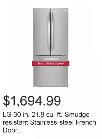 Costco Lg 30 in. 21.8 cu. ft. smudge-resistant stainless-steel french door refrigerator with smartdiagnosis offer