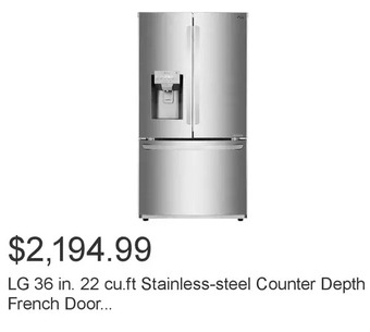 Costco Lg 36 in. 22 cu.ft stainless-steel counter depth french door refrigerator with smartthinq wifi connectivity offer