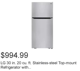 Costco Lg 30 in. 20 cu. ft. stainless-steel top-mount refrigerator with multi-air flow cooling and led lighting offer