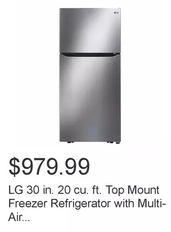 Costco Lg 30 in. 20 cu. ft. top mount freezer refrigerator with multi-air flow cooling offer